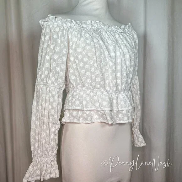 Shein Off Shoulder Floral Ruffle Hem Peplum Crop Top Blouse White - Picture 4 of 10